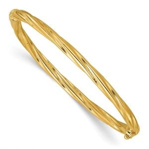 14k Yellow Gold Polished and Textured Twist Hinged Bangle Bracelet